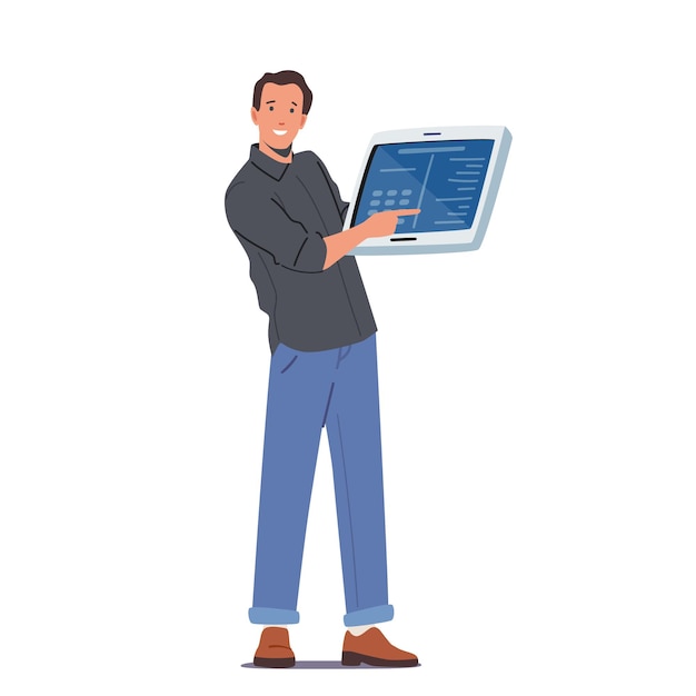 Happy Man Presentation Promoter Pointing with Finger on Digital Device Screen Cheerful Male Character Recommending