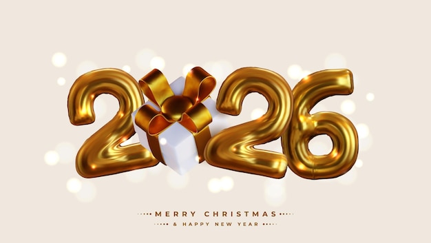 Happy New Year 2026 Realistic 3D rendering of the figures complemented by gold gift box ribbons