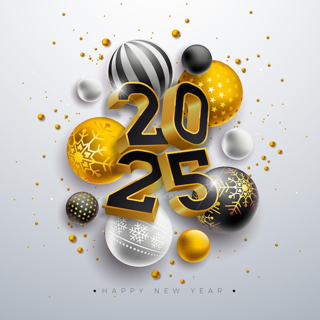 Happy new year illustration with d gold number and christmas ball on white background holiday design