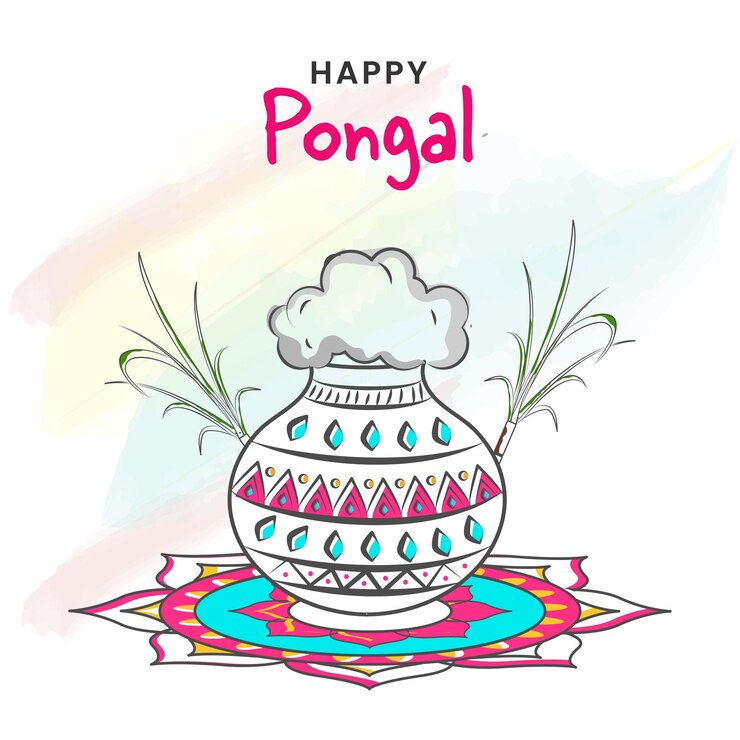 Vektor happy pongal celebration concept with doodle style mud pot full of traditional dish, sugarcane over rangoli on brush effect white background.