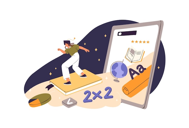 Happy student learning with textbooks books from online library Girl studies in web app in Internet Concept of elearning distance education Flat isolated vector illustration on white background
