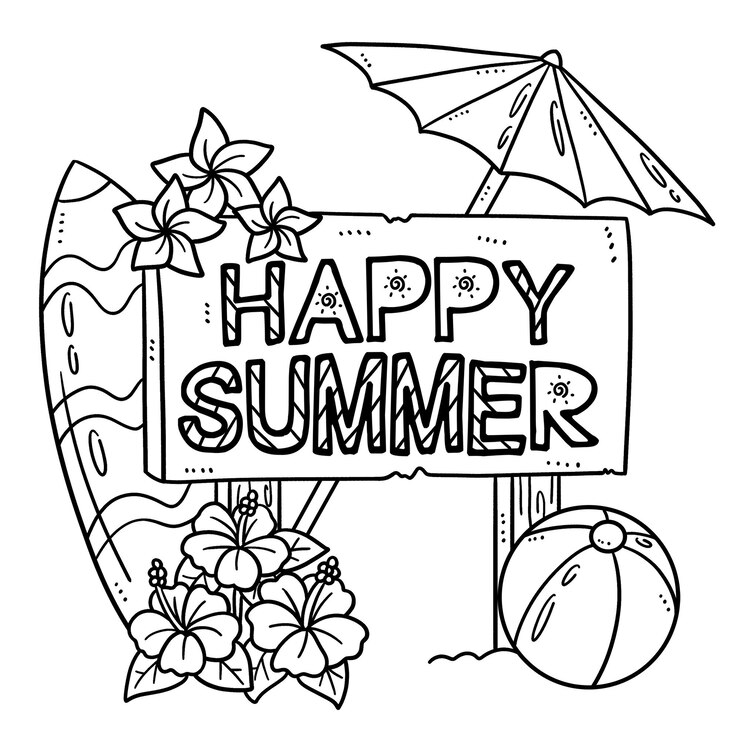 Vektor happy summer with umbrella and surfboard isolated