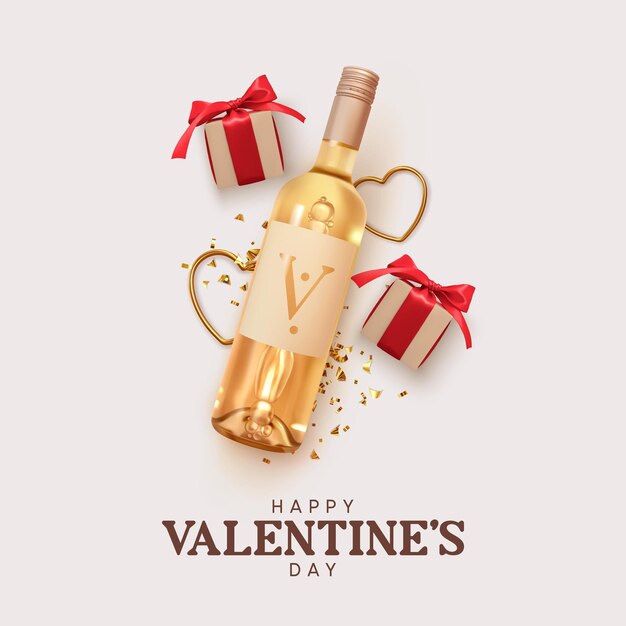 happy valentines day. design with realistic two bottles of alcohol wine white varieties, gift box with red ribbon and bow, golden 3d hearts and glitter confetti. romantic background. vector objects