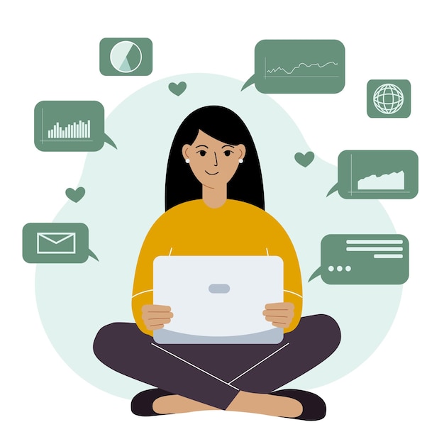 Happy woman analyzing data on her laptop and sitting cross-legged. Data science concept. Business graphs and charts. Vector flat illustration.