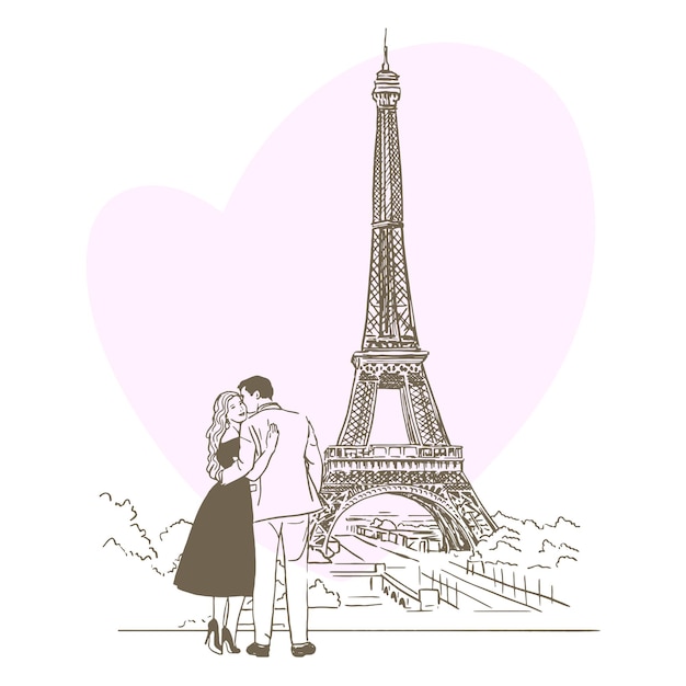 Happy young lovers couple kissing in front of Eiffel Tower Valentines day banner