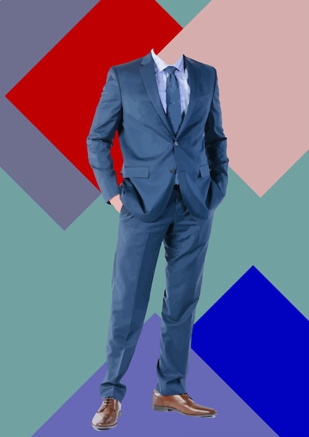 Headless businessman standing with hands in pockets wearing blue suit and tie on colorful geometric background Hand drawn Illustration