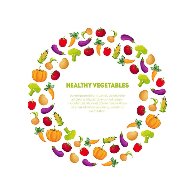 Healthy vegetables banner template round frame with place for text design element can be used for