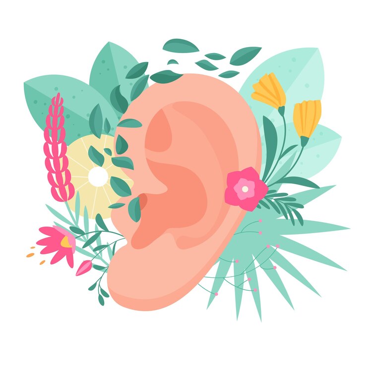 Hearing health care audiology therapy human ear with wild flowers and green plants