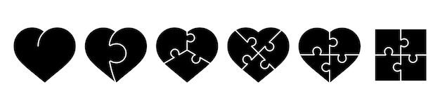 Heart puzzle Heart puzzle set Silhouette and linear style Vector illustration