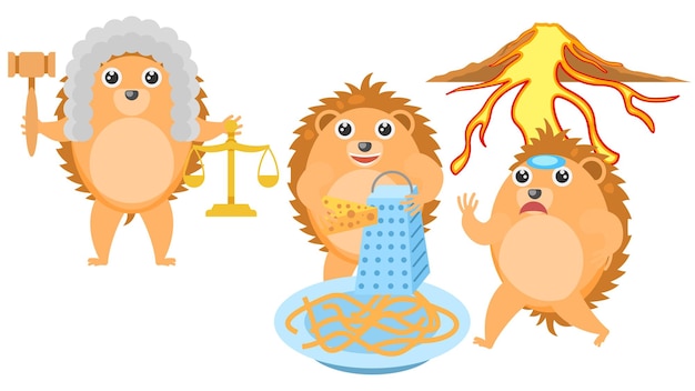 Hedgehogs Judge With Scales And Gavel, Grating Cheese On A Plate, Running Away From The Volcano