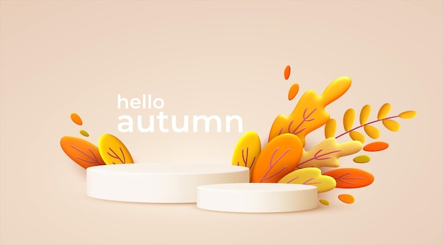 Hello Autumn with white podiums and autumn leaves