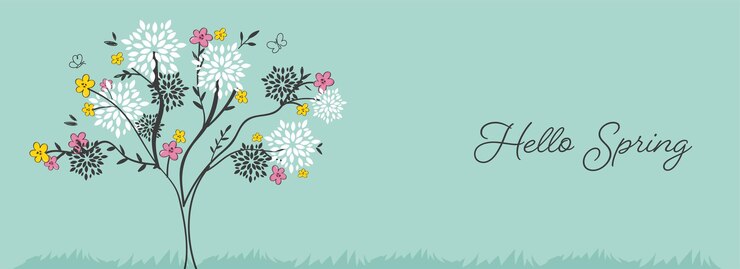 Vektor hello spring font with creative floral tree and butterflies on blue background.