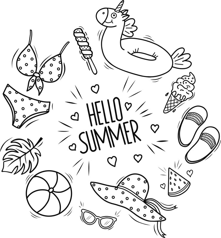 Vektor hello summer vector background template hello summer greeting with black and white beach elements