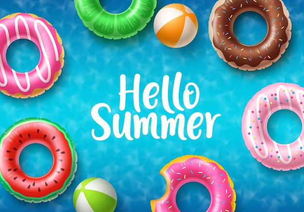 hello summer vector banner design hello summer text with floating summer beach elements