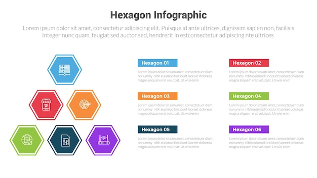 hexagon or hexagonal honeycombs shape infographics template diagram with pyramid or triangle structure with 6 point step creative design for slide presentation