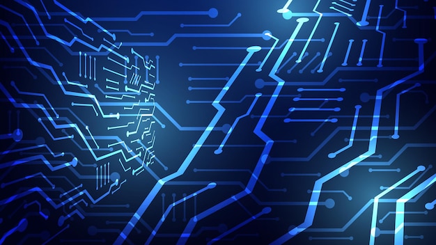 Hi tech digital circuit board electrical lines connected on blue lighting background