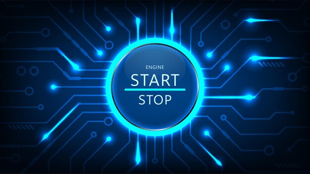 Hightech start button connection system line circuit board with dark blue background