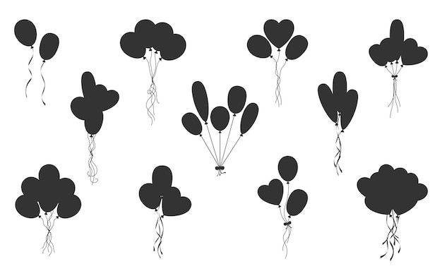 holiday balloon bunch black silhouette set icon stamp outline figure air celebration decor site sticker label valentine day birthday party carnival flying helium ballon round oval heart isolated