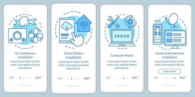 Home services for electronic devices onboarding mobile app page screen with linear concepts. Four walkthrough steps graphic instructions. Computer repair. UX, UI, GUI vector template, illustrations
