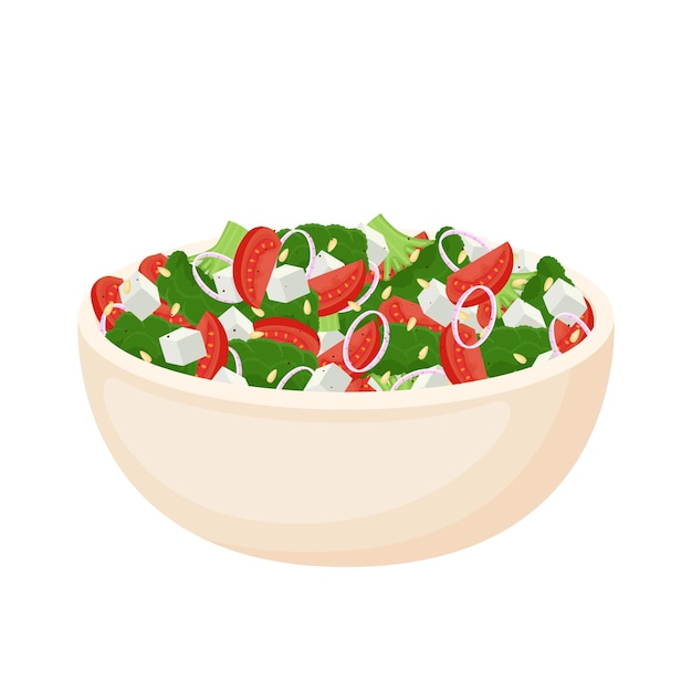 homemade salad from fresh vegetables greens salad cheese and pine nuts healthy food vegetarian meal vector illustration