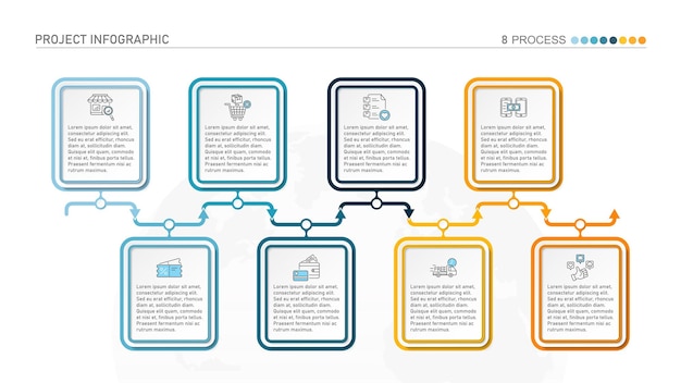 Horizontal timeline or flowchart with 8 square elements and space for data