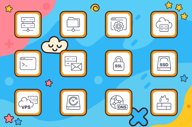 Hosting set icon Server shared folder settings cloud hosting code window email server SSL padlock SSD disk VPS cloud backup disk DNS network firewall block