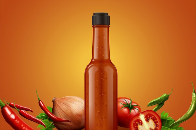 hot sauce glass bottle with fresh ingredients in 3d illustration