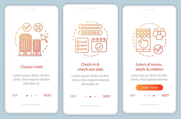 Hotel booking onboarding mobile app page screen vector template