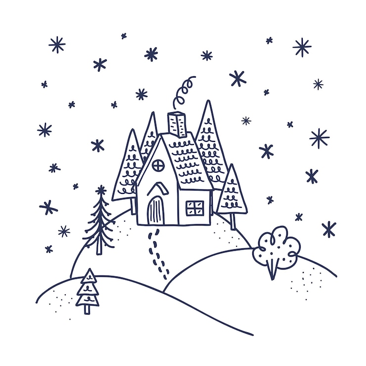 Vektor house on the hill illustration. doodle style. greeting card template. winter seasonal illustration for print, banner, background, greeting and invitation cards decoration and design