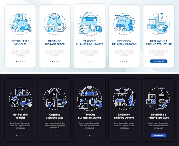 How to start courier business day and night theme onboarding mobile app screen. Delivery walkthrough 5 steps graphic pages with concepts. UI, UX, GUI template. Myriad Pro-Bold, Regular fonts used