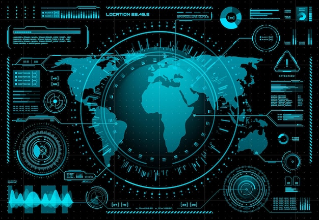 hud ui futuristic user interface. vector world map and business data charts. digital screen of head up display dashboard panel, blue holograms of circular diagram, statistic graphs, warning signs