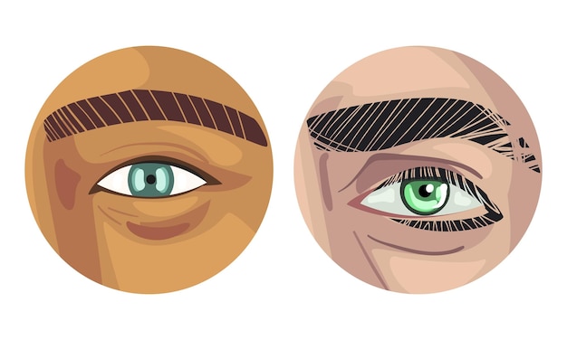 Human Eye of Various Color with Brow Curve and Skin Circle View Vector Set