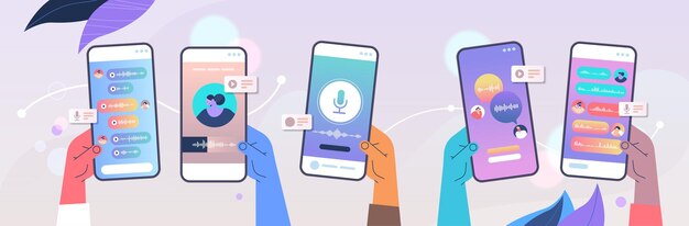 human hands recording or listening voice messages on smartphone screens audio record sending online communication concept horizontal vector illustration