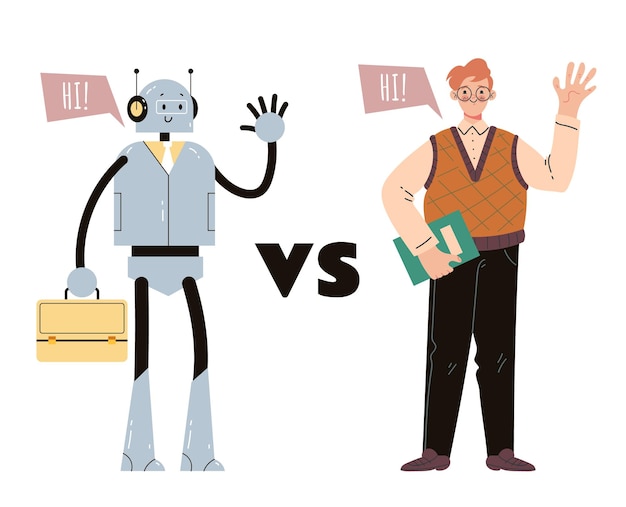 human man worker vs robot ai vector flat cartoon graphic design illustration