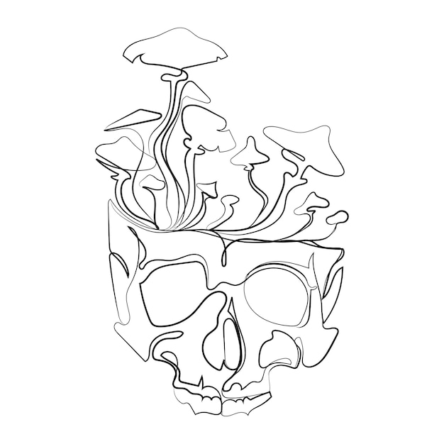 human skull and mushroom sprouted sketch line drawing vector illustration.skull  hand drawn
