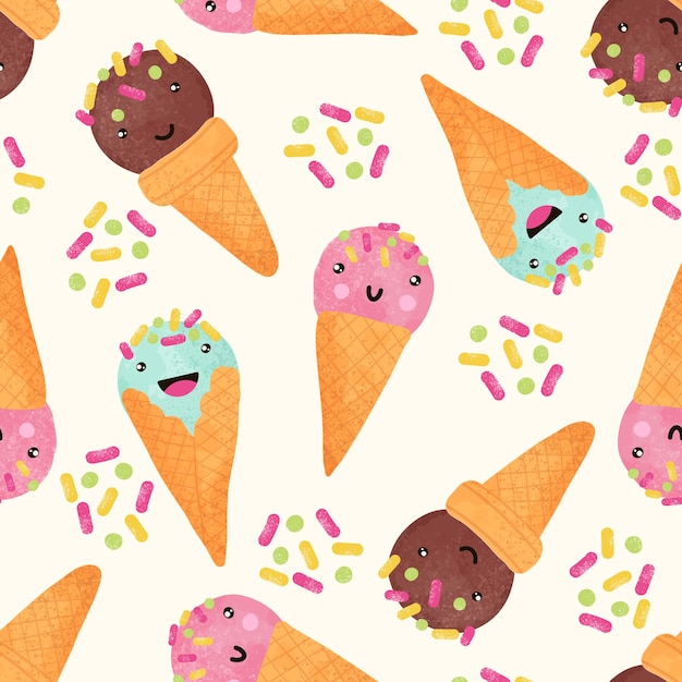 ice cream cute seamless pattern with kawaii faces for kids