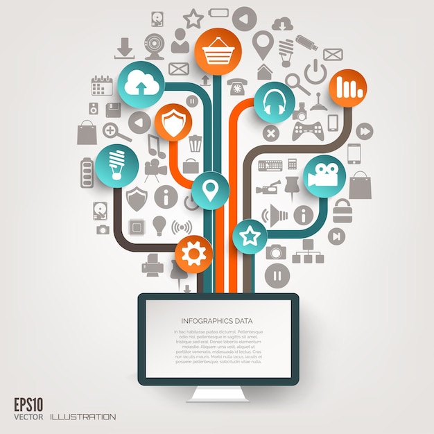 Icon tree flat abstract background with web icons interface symbols cloud computing mobile devices