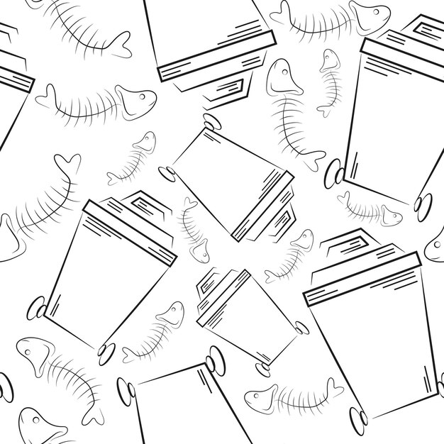 icons of a small rectangular street trash can and a fishbone drawn in line art style