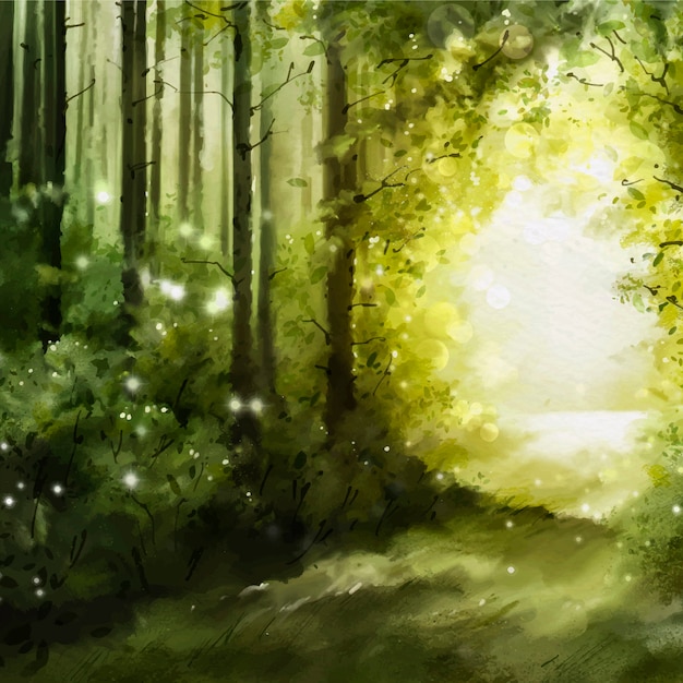 Illustrasjon av en fortryllet skog i akvarell