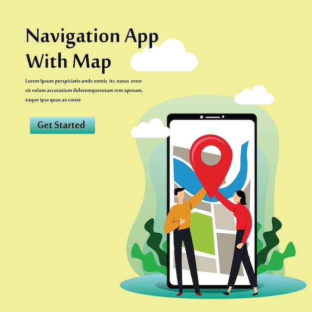 Illustrasjon av vektormal for navigasjonsapp med kart