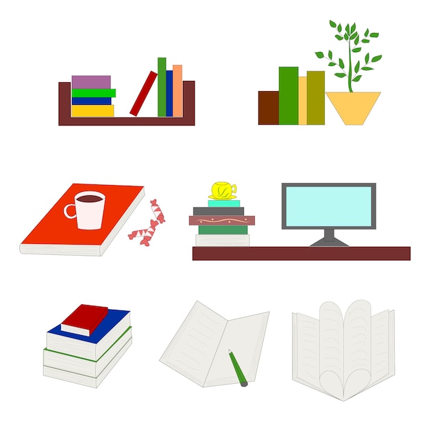 Illustrated image of book in different versions Book textbooks in stacks and in a single version
