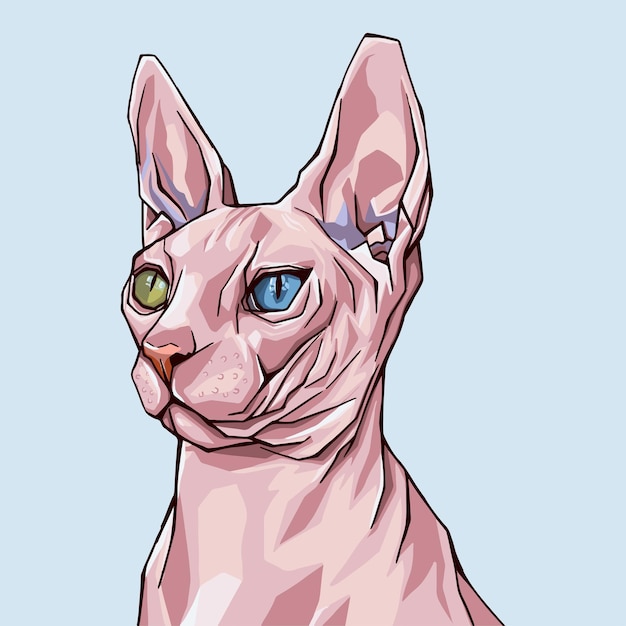 Illustrated Portrait of a Hairless Sphynx Cat With Multicolored Eyes vector