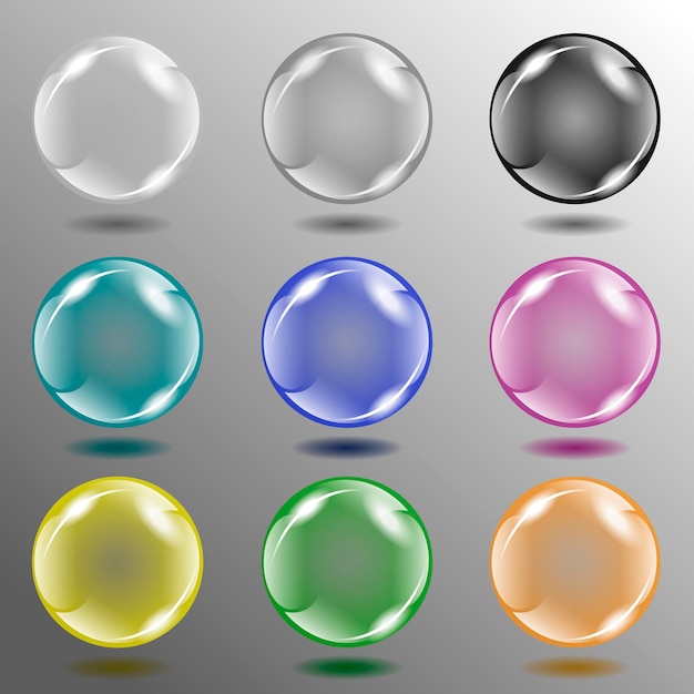 Illustration. Eight different colors of glass balls on the abstract background