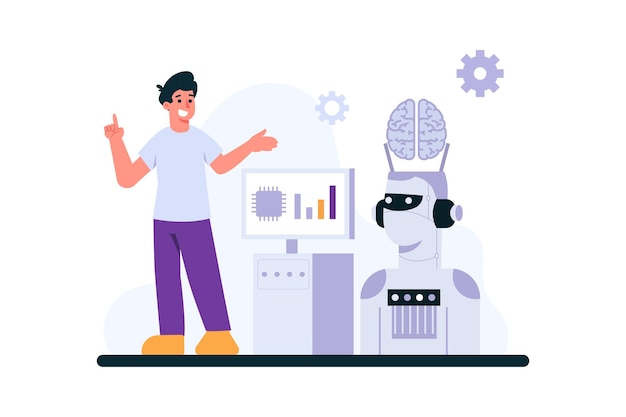Illustration of a man inputting artificial intelligence for a robot