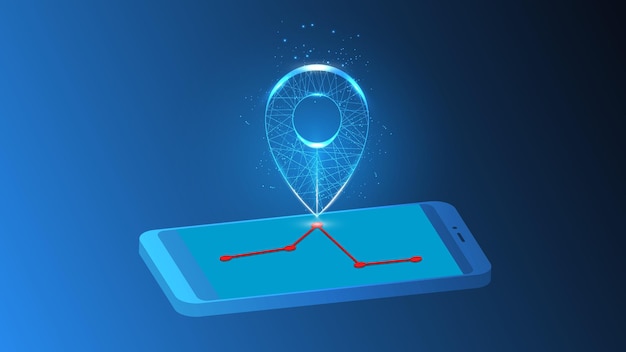  illustration of an abstract luminous marker on a road route on a mobile phone.