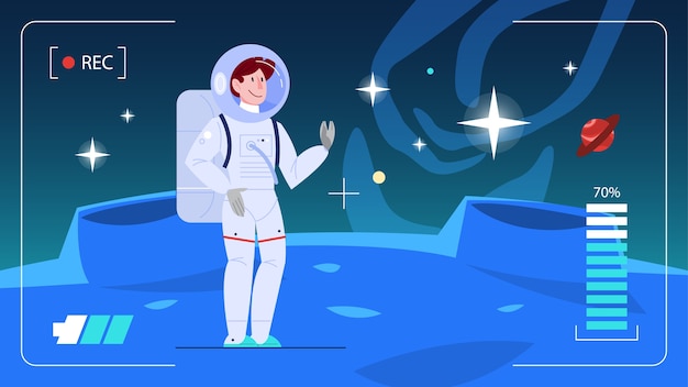  illustration of astronaut exploring a planet. Man in a spacesuit