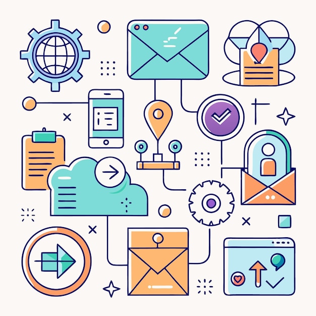 Illustration of connected icons representing digital workflow with elements like emails cloud phone and location