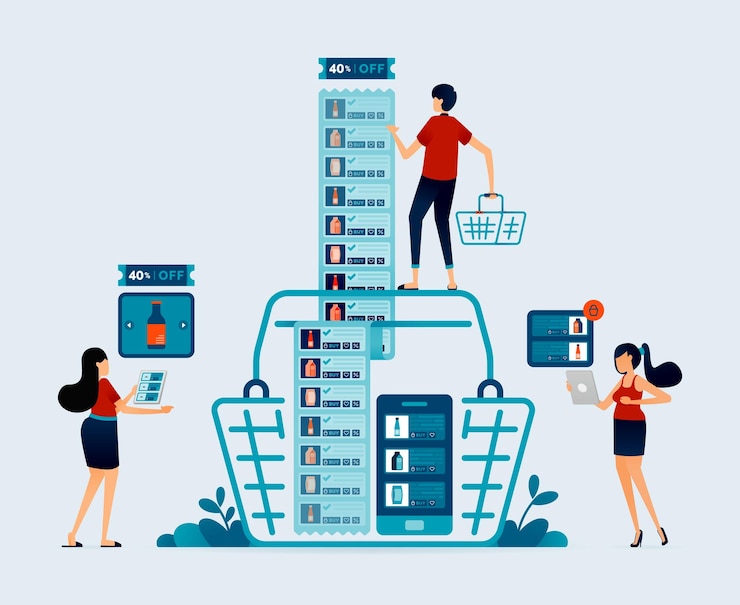 Vektor illustration of shopping for daily in online mobile apps with metaphor of line style shopping basket