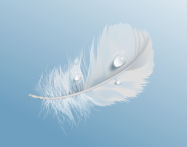illustration of white airy soft bird feather with water drops on blue background