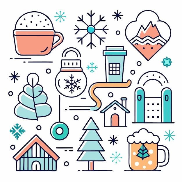 Illustration of winter elements like snow a cup of hot chocolate a Christmas tree a snowman and a house